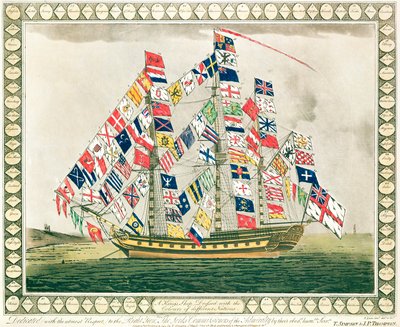 Een koninklijk schip versierd met de kleuren van verschillende naties, 6 oktober 1794 door English School